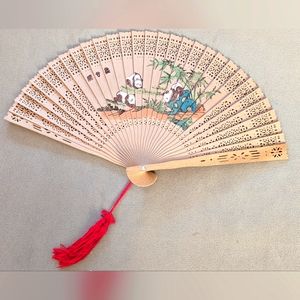 Vintage Double Sided Chinese Folding Fan Panda Great Wall with Original Box
